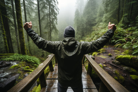 Man in raincoat standing on wooden bridge with hands up celebrating travel lifestyle, wanderlustの素材