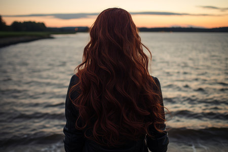 Contemplating redhead woman enjoys serene sunset by the sea with flowing hair and peaceful vibesの素材