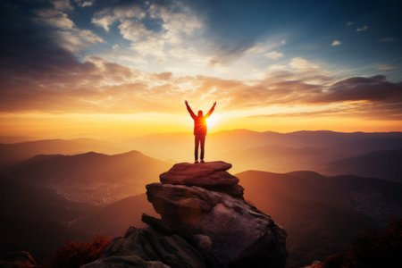 Triumphant Hiker with Raised Arms on Mountain Peak at Sunset, Overcoming Challenges, Personal growthの素材
