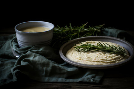 Bowl of Creamy Hummus Garnished with Fresh Rosemary Sprig on Rustic Background with soupの素材