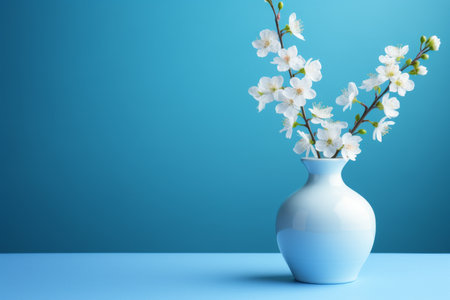 Spring Cherry Blossom Flowers in a White Vase on a Minimalist Blue Background. Copy Space.の素材