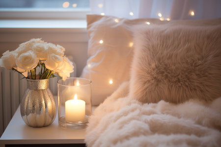 Cozy Winter Bedroom Decor. Lighted Candle, White Flowers, Faux fur Blanket on Bed with Fairy Lightsの素材