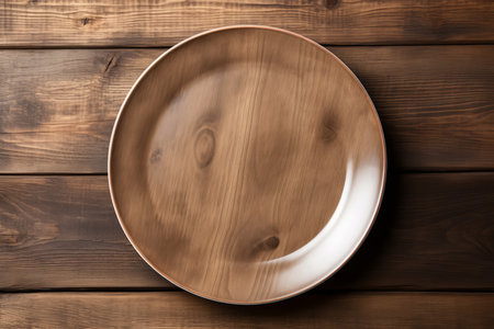 Empty round plate, rustic kitchenware on dark wooden table background. Top viewの素材