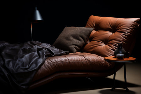 Brown Leather Chaise Lounge with a Pillow, Blanket, Lamp, and Decor on Table in a Dark Roomの素材