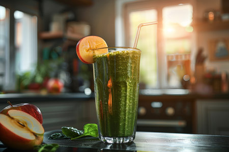 Refreshing green smoothie with spinach and apple in a bright, natural light kitchen settingの素材