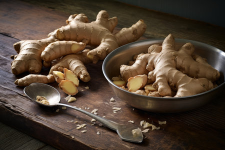 Fresh ginger root, aluminum shabby bowl and spoon with dry ginger on rustic wooden tableの素材