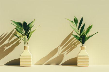 Two Minimalistic Beige Vases with Tropical Houseplants, Neutral Warm Light, Table Decorの素材