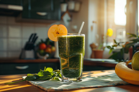 Healthy green smoothie in a glass decorated with apple slice, perfect for wellness and detoxの素材
