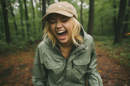 Joyful young woman in a cap laughing in a lush forest setting, embracing beauty of natureの素材
