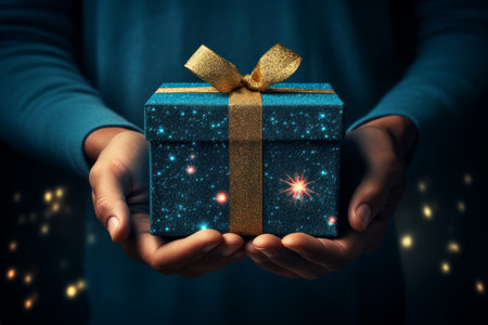 Man holding a blue gift box, holiday season and celebration concept with bokeh lights backgroundの素材