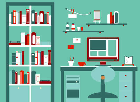 Flat design vector illustration of modern creative  home cabinet, workplace with computer and library.のイラスト素材