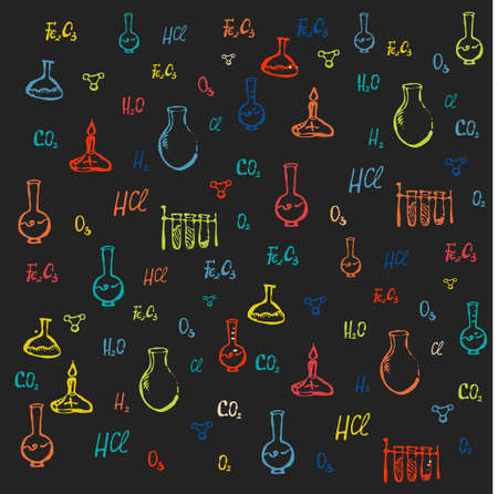 Hand drawn chemical background. Education and science background vector.Chemical equipment on the blackboard.のイラスト素材