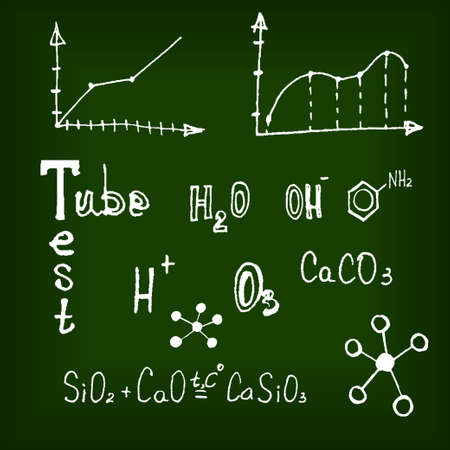 Different chemical elements on the blackboard.Hand drawn chemical background.のイラスト素材