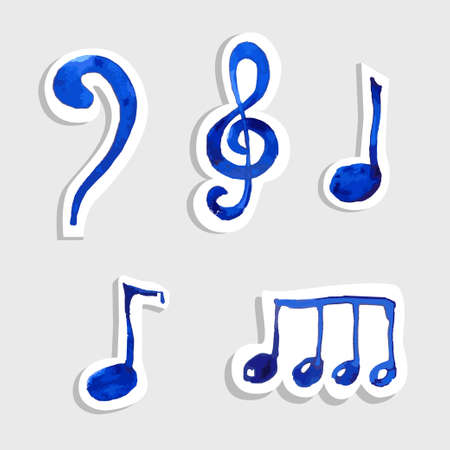 Watercolor vector music note icon on sticker set.Treble clif and G clef, and different notes.Hand drawn set.のイラスト素材