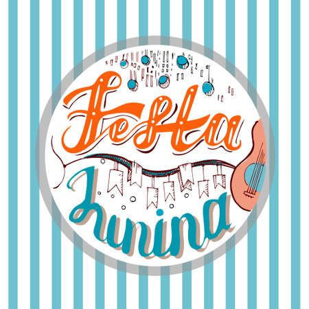 Festa Junina. Holiday card design for Brazilian June fest de Sao Joao on the stripe background. Lettering illustration.のイラスト素材