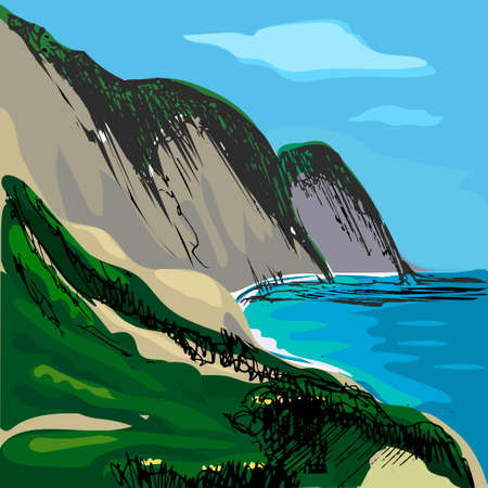 Vector cartoon illustration of mountains and the sea. Hand-drawn landscape.のイラスト素材