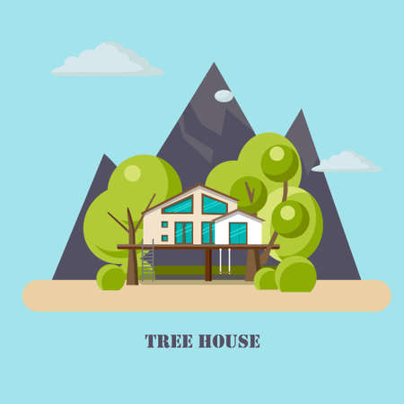 House on the tree for adults and kids.Flat illustration with mountains.のイラスト素材