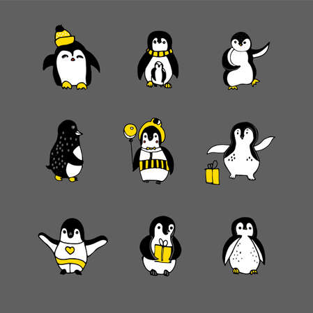 Penguin hand drawn illustration.Vector set of different penguins with ballon,gif.Cartoon animals for kids.Penguins congratulate with Christmas and New Year.のイラスト素材