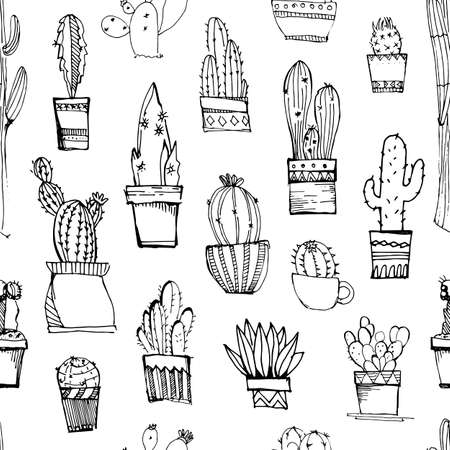 Cacti handdrawn sketch.Pattern with cacti isolated on white background. Vector illustration.Great for fabrics, wallpaper,packaging.のイラスト素材