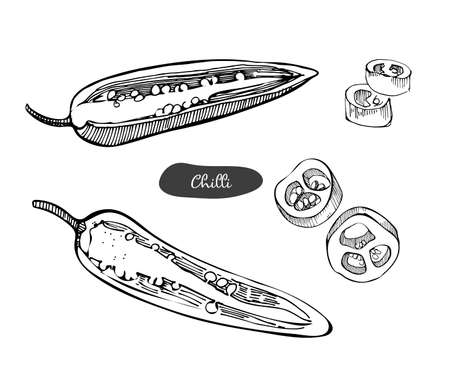 Chilli pepper vector set illustration.Vintage ink hand drawn pepper, isolated on white background.Isolated spice object.pPepper in the cut,pieces.のイラスト素材