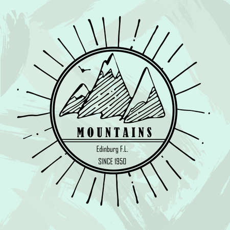 Mountain hand drawn label sketch.Outdoor illustration of mountains,sunset. Print and packaging vector design.Retro emblem of tourism and alpinism.のイラスト素材