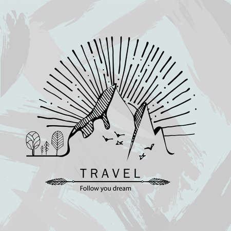 Travel hand drawn illustration.Sketch of mountains,trees,sunset and birds. Print and packaging vector design.Retro emblem of tourism and alpinism.Engraving style.のイラスト素材
