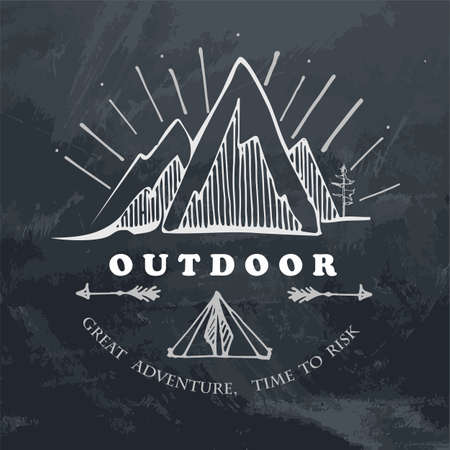 Mountain hand drawn label sketch.Outdoor illustration of mountains,tree,sunset and camp on the grunge chalky background. Print and packaging vector design.Retro emblem of tourism.のイラスト素材