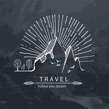 Travel hand drawn illustration.Sketch of mountains,trees,sunset and birds. Print and packaging vector design.Retro emblem of tourism and alpinism.Engraving style.のイラスト素材