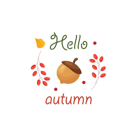 Hello autumn lettering with acorn and leaves. Vector illustration.のイラスト素材