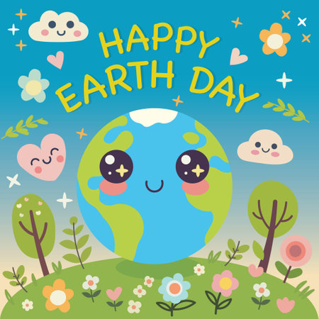 Charming and vivid illustration dedicated to Earth Day. In the center of the composition is a smiling anthropomorphic globe with big shining eyes and rosy cheeks.のイラスト素材