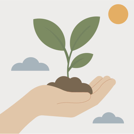 Hand holding a young plant under the sun and clouds.のイラスト素材