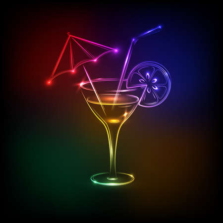 Neon cocktail. Glass with a drink .Night bar, restaurant.Vector illustrationのイラスト素材