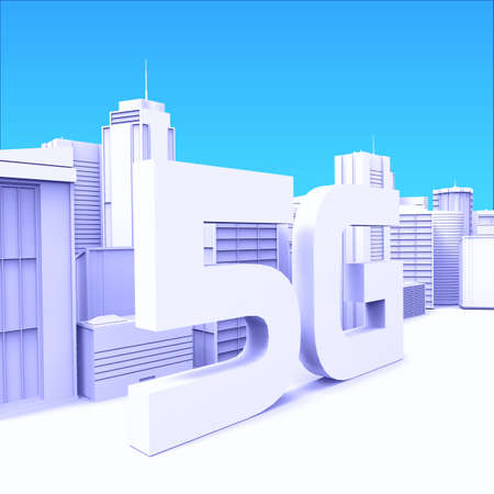 5G Technology .3D rendering - Illustration. High Speed Internet. City skyscrapers.