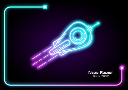 Neon vector rocket.Space Shuttle Flying Up. Neon advertisingのイラスト素材