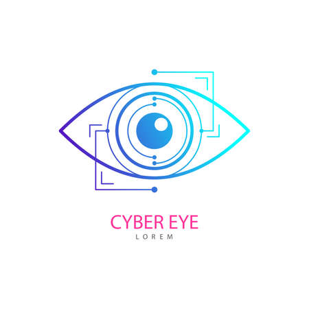 Eye Scanner Logo. Cyber eye on a white background. Electronic nanotechnology. Technologies of the future. Vector illustration.のイラスト素材
