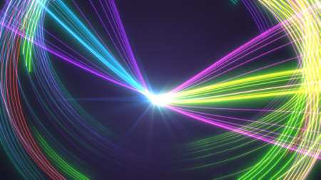 Abstract neon lines.Glowing lines.Laser show.Bright colorful background from stripes.3d rendering, illustration.の写真素材