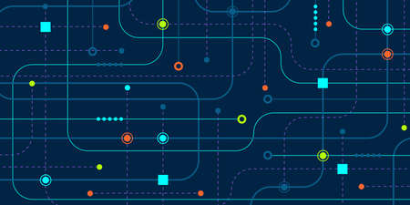 Electronic board with chip.Geometric connect lines and dots.Technology background of lines.Future technologies.のイラスト素材