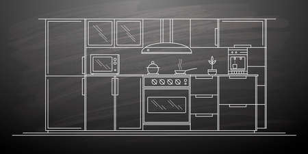 Kitchen drawing.Interior sketch of a kitchen room.Modern home furniture.Vector illustration.のイラスト素材