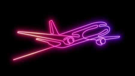 Neon flying plane.Airplane.Air flights.Continuous line drawing.3D illustration.の写真素材