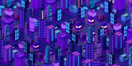 Neon city.Night cityscape.High urban skyscrapers .Metropolis architectural landscape . 3D...