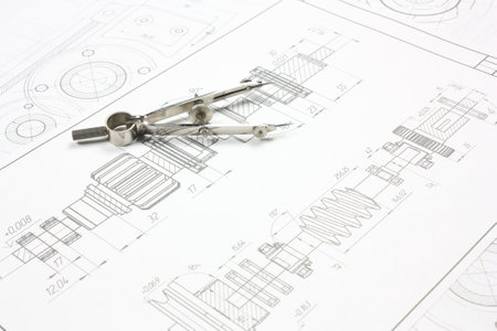Mechanical Engineering drawing.Technical drawings with measure tools.Industrial Technology .の写真素材