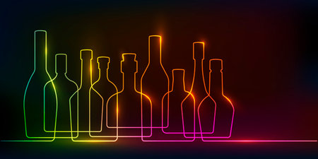 Neon bottles with alcohol.Drink Background.Continuous line drawing.Vector illustration .のイラスト素材