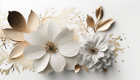 White flowers with gold.3d Beautiful background with flowers.Generative ai.