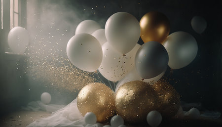 Background with golden balloons.Festive balloons.Generative ai.の素材