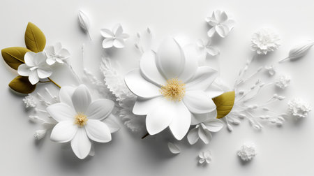White flowers on a white background.Beautiful decorative design.Generative ai.の素材