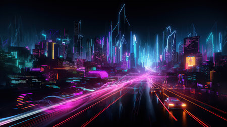 Neon cyberspace.Space fantasy.Abstract background with neon lines.generative ai.の素材