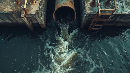 Dirty water pours out of the pipe into the river. Environmental pollution.generative ai.の素材