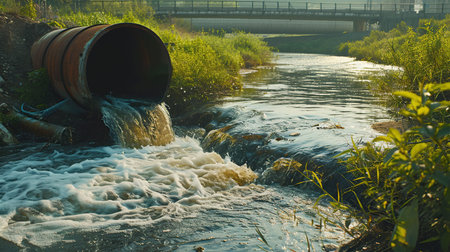 Dirty water pours out of the pipe into the river. Environmental pollution.generative ai.の素材