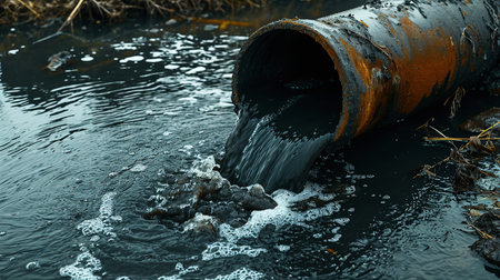 Dirty water pours out of the pipe into the river. Environmental pollution.generative ai.の素材