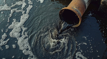 Dirty water pours out of the pipe into the river. Environmental pollution.generative ai.の素材